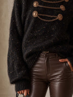 Black Shimmer Mohair Jumper with Gold Chain Button Detail