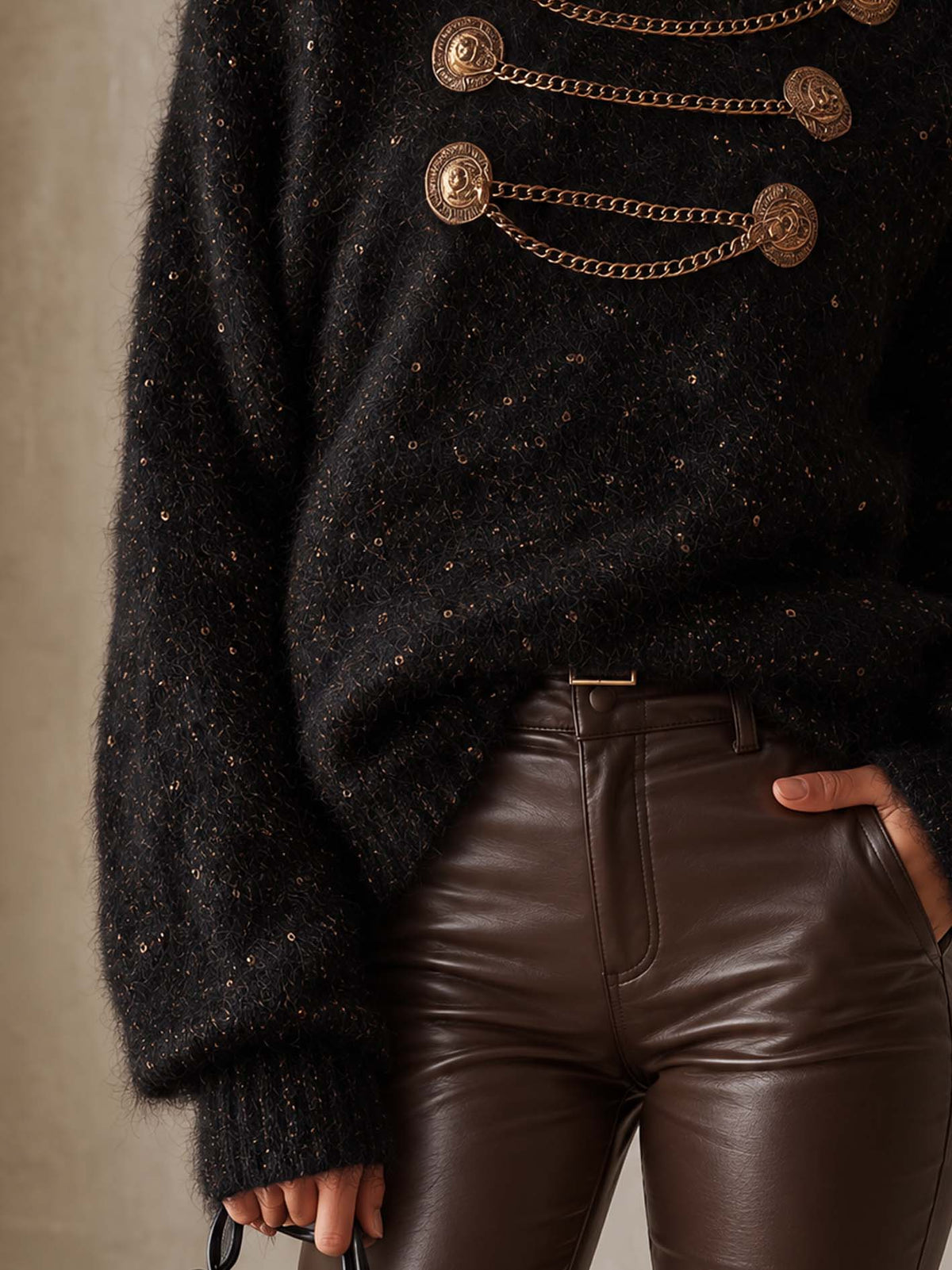 Black Shimmer Mohair Jumper with Gold Chain Button Detail