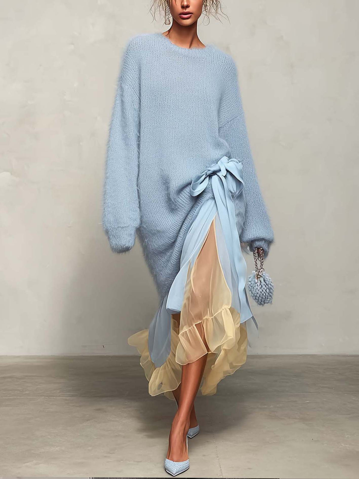 Light Blue Mohair Jumper Dress with Yellow Chiffon Maxi Skirt Patchwork