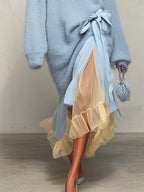 Light Blue Mohair Jumper Dress with Yellow Chiffon Maxi Skirt Patchwork
