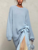 Light Blue Mohair Jumper Dress with Yellow Chiffon Maxi Skirt Patchwork