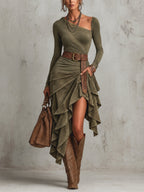 Green Washed Suede Asymmetric Ruffle Hem Midi Dress