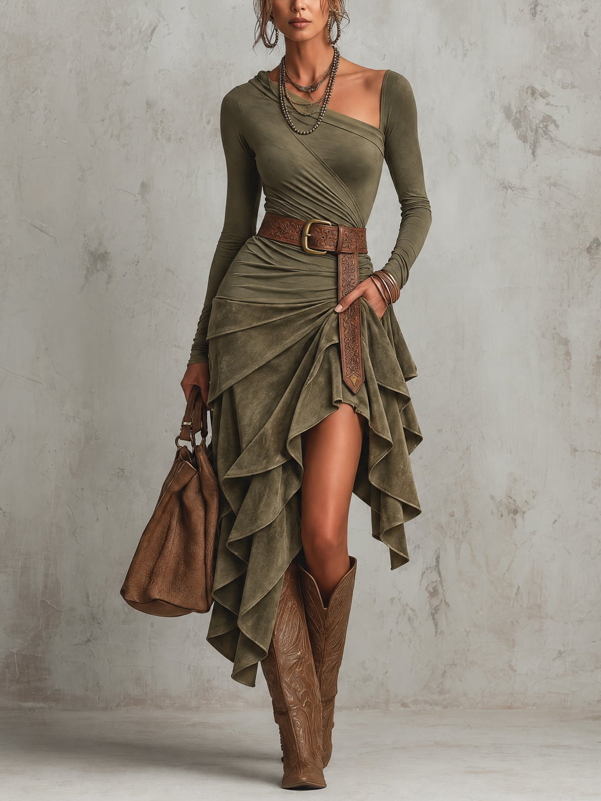 Green Washed Suede Asymmetric Ruffle Hem Midi Dress
