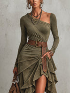 Green Washed Suede Asymmetric Ruffle Hem Midi Dress