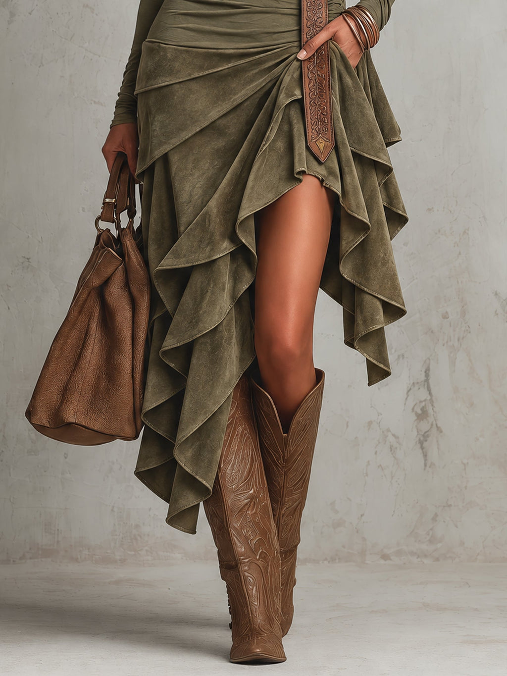 Green Washed Suede Asymmetric Ruffle Hem Midi Dress