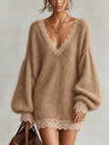 Camel Oversized Shimmer Knit Lace Trim V-Neck Mini Dress