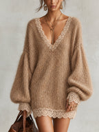 Camel Oversized Shimmer Knit Lace Trim V-Neck Mini Dress