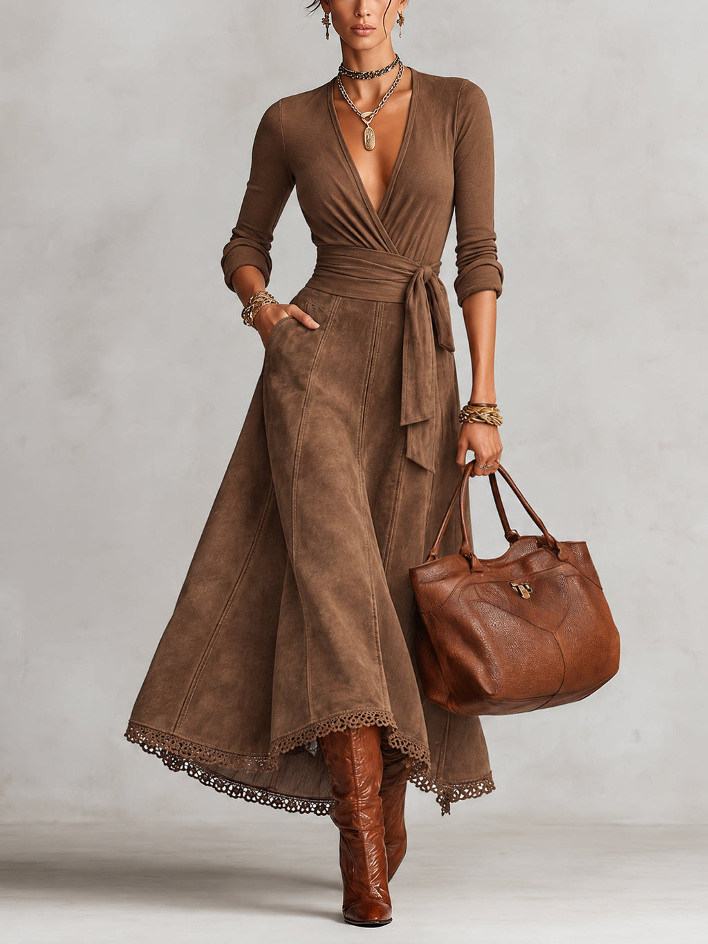 Brown Vintage Faux Suede Wrap Tie Maxi Dress