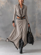 Grey Stretch Knit Cowl Neck Crop Top and Slit Maxi Skirt Set