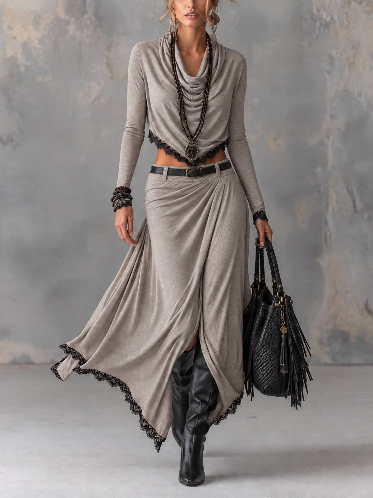 Grey Stretch Knit Cowl Neck Crop Top and Slit Maxi Skirt Set