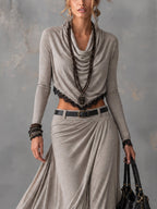 Grey Stretch Knit Cowl Neck Crop Top and Slit Maxi Skirt Set