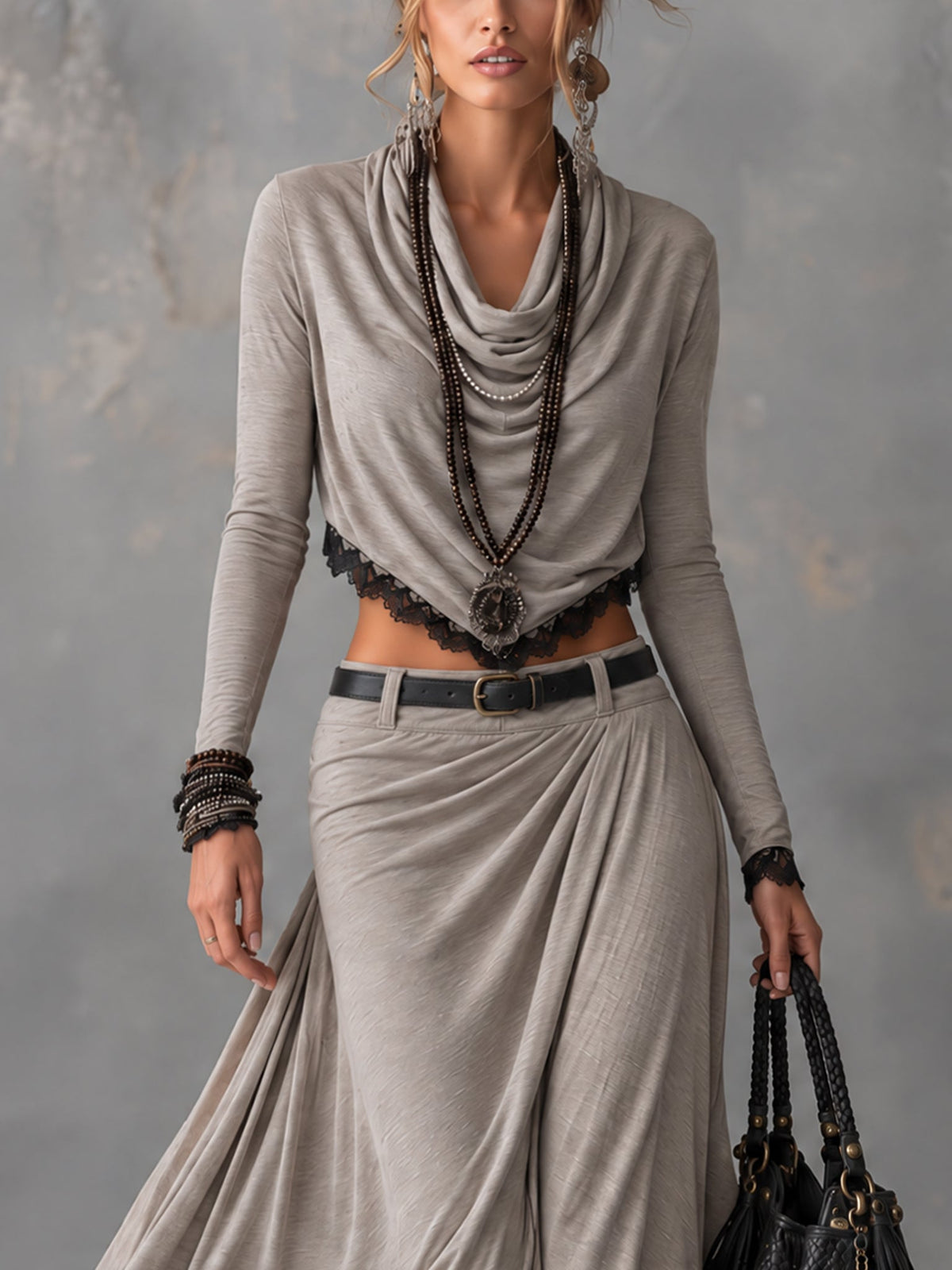 Grey Stretch Knit Cowl Neck Crop Top and Slit Maxi Skirt Set