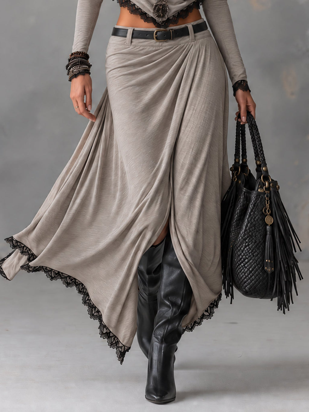 Grey Stretch Knit Cowl Neck Crop Top and Slit Maxi Skirt Set