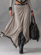 Grey Stretch Knit Cowl Neck Crop Top and Slit Maxi Skirt Set