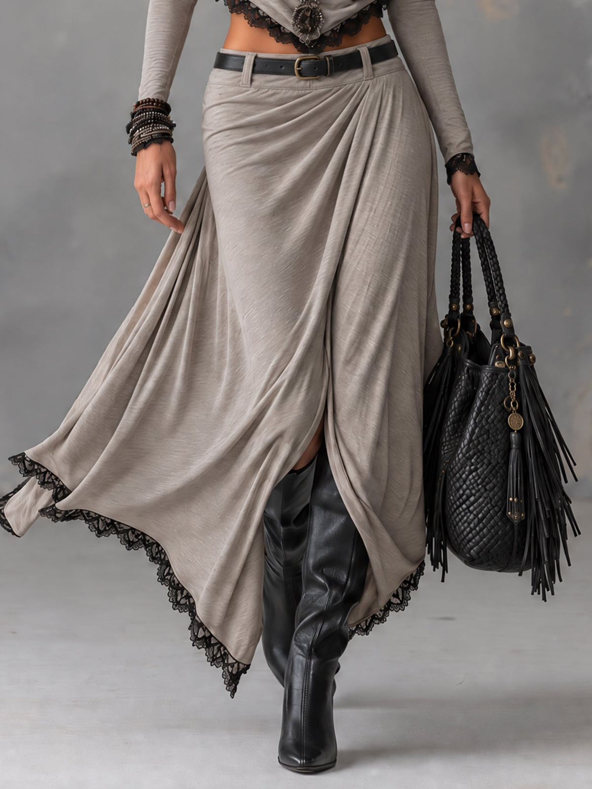 Grey Stretch Knit Cowl Neck Crop Top and Slit Maxi Skirt Set