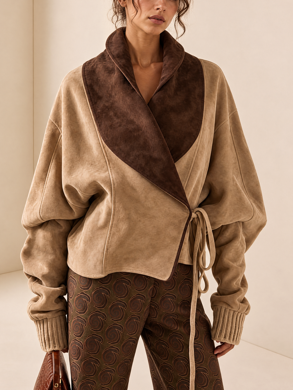 Two-Tone Suede Wrap Tie Waist Cropped Jacket