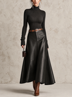 Black Ribbed Roll Neck Jumper & PU Leather Maxi Skirt Two-Piece Set