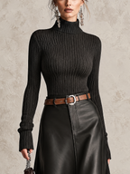 Black Ribbed Roll Neck Jumper & PU Leather Maxi Skirt Two-Piece Set