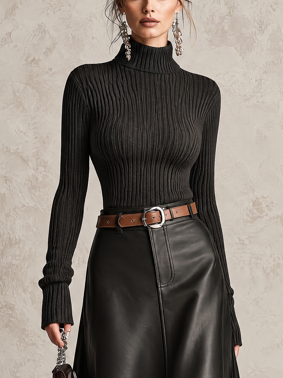 Black Ribbed Roll Neck Jumper & PU Leather Maxi Skirt Two-Piece Set
