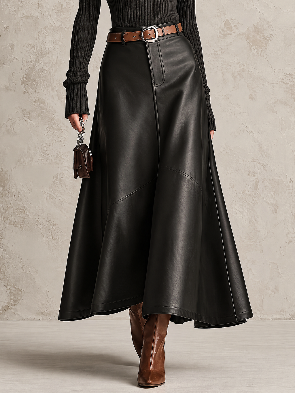 Black Ribbed Roll Neck Jumper & PU Leather Maxi Skirt Two-Piece Set