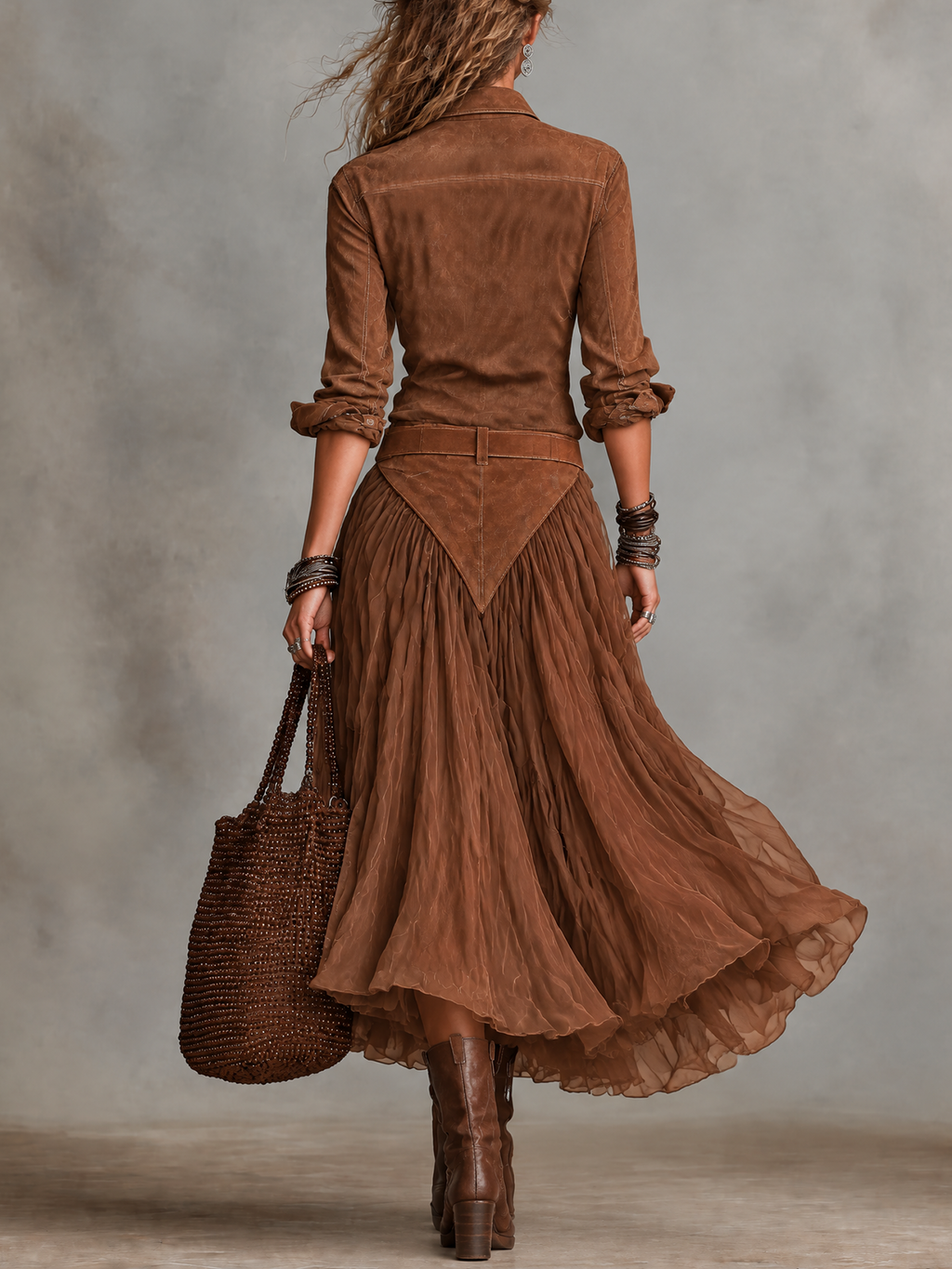 Brown Faux Suede Shirt and Flowy Tulle Midi Skirt Set