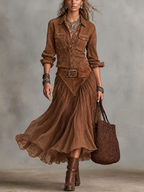 Brown Faux Suede Shirt and Flowy Tulle Midi Skirt Set