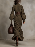 Olive Green Faux Suede Balloon Sleeve Maxi Dress