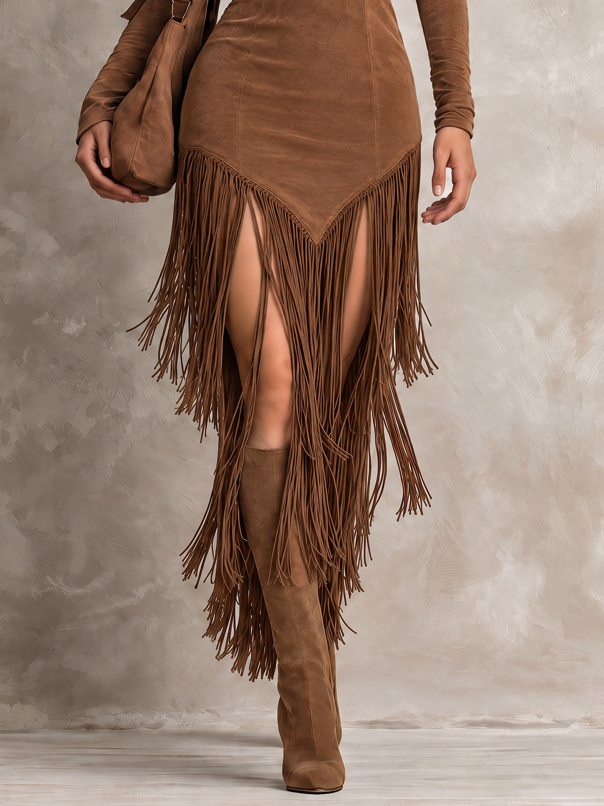 Brown Suede Roll Neck Long Sleeve Fringe Asymmetrical Midi Dress