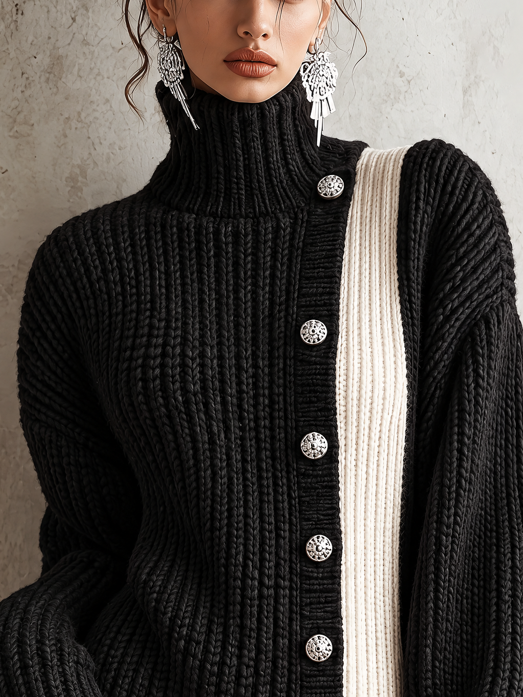 Black and White Colour-block Roll Neck Chunky Knit Mini Jumper Dress
