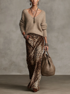 Oat Fuzzy V-Neck Jumper and Leopard Print Satin Maxi Skirt Set