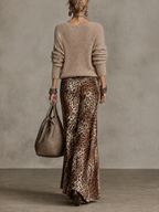 Oat Fuzzy V-Neck Jumper and Leopard Print Satin Maxi Skirt Set