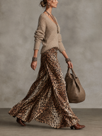 Oat Fuzzy V-Neck Jumper and Leopard Print Satin Maxi Skirt Set