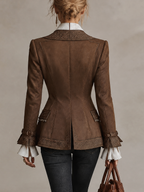 Brown Faux Suede Embroidered Western Blazer Jacket