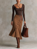 Brown Square Neck Long Sleeve Top and Faux Suede Mermaid Midi Skirt Set