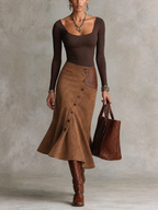 Brown Square Neck Long Sleeve Top and Faux Suede Mermaid Midi Skirt Set
