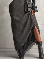 Grey Knit Maxi Dress with Contrast Black Sleeves and Asymmetrical Layered Hem