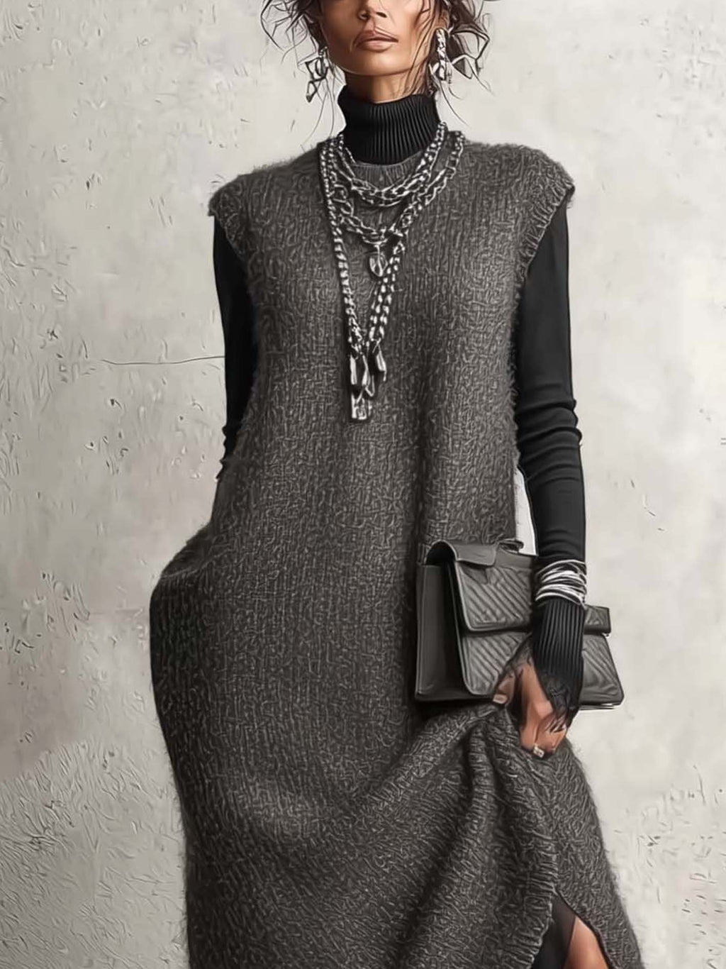 Grey Knit Maxi Dress with Contrast Black Sleeves and Asymmetrical Layered Hem