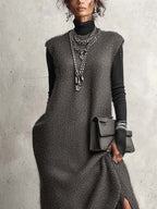 Grey Knit Maxi Dress with Contrast Black Sleeves and Asymmetrical Layered Hem