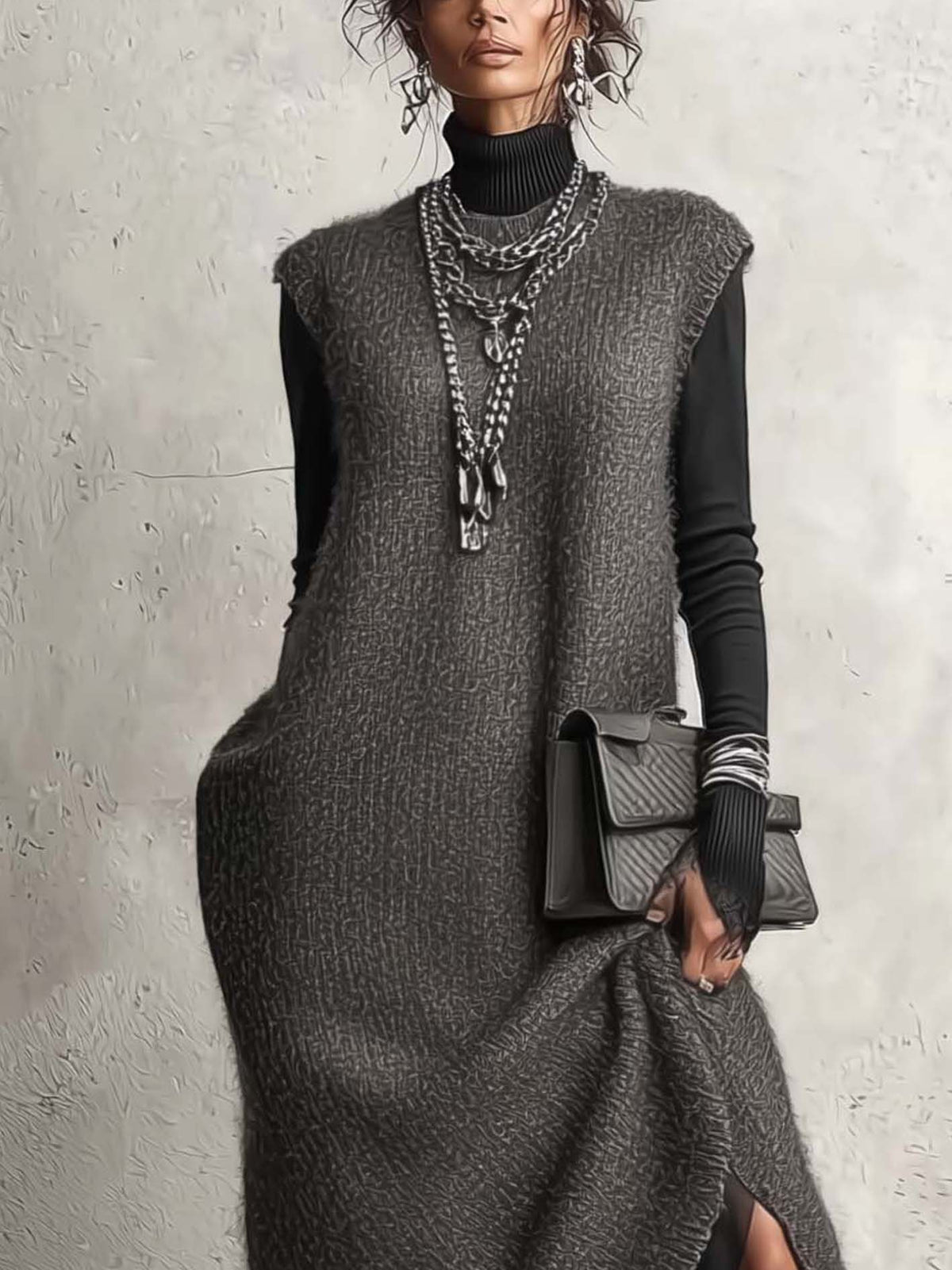 Grey Knit Maxi Dress with Contrast Black Sleeves and Asymmetrical Layered Hem