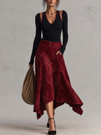 Black Ribbed Top and Burgundy Faux Suede Asymmetrical Skirt Set with Contrast Stitching
