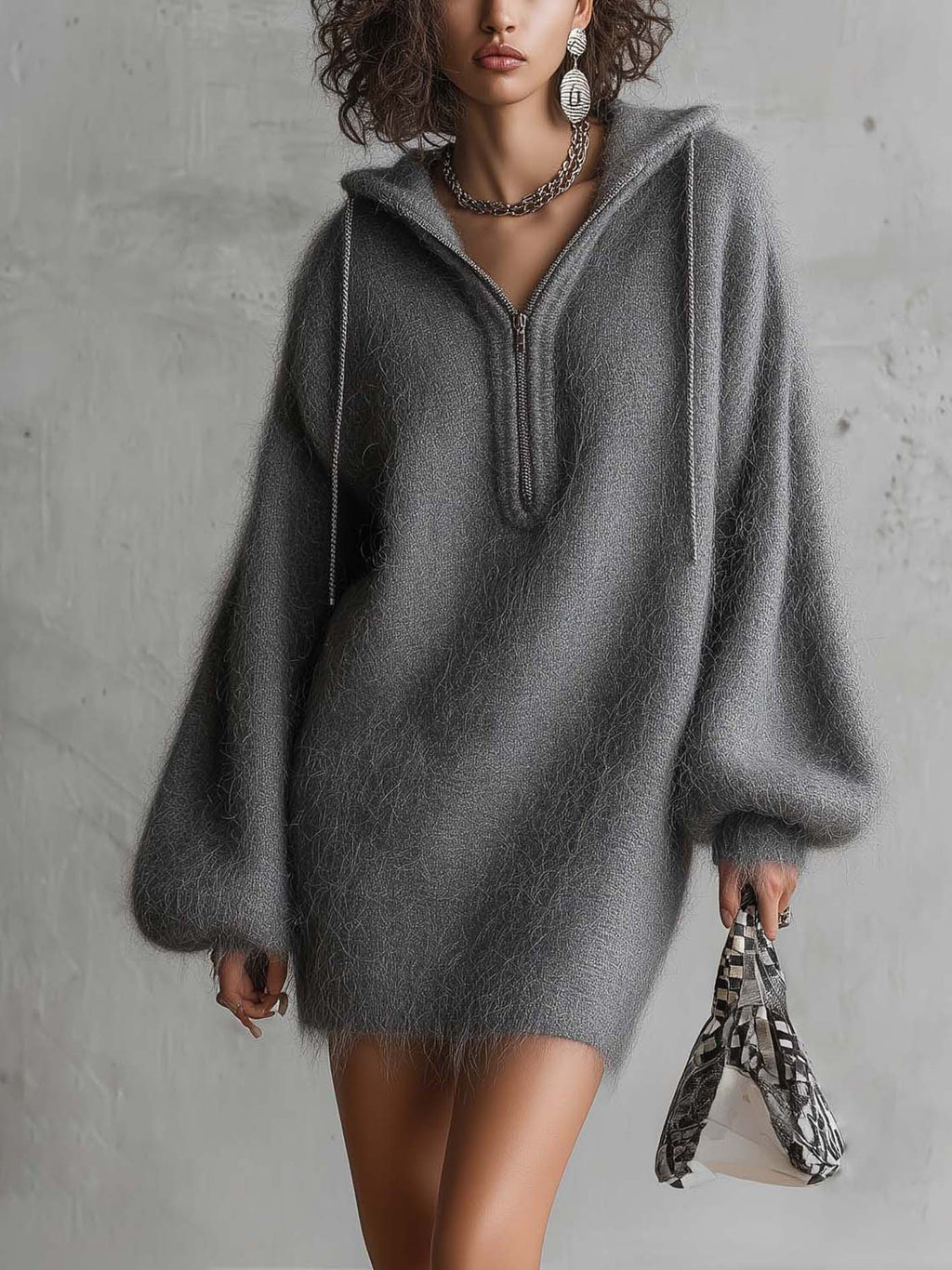 Grey Fuzzy Mohair Knit Hooded Mini Jumper Dress with Chain Zip Detail