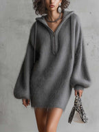 Grey Fuzzy Mohair Knit Hooded Mini Jumper Dress with Chain Zip Detail