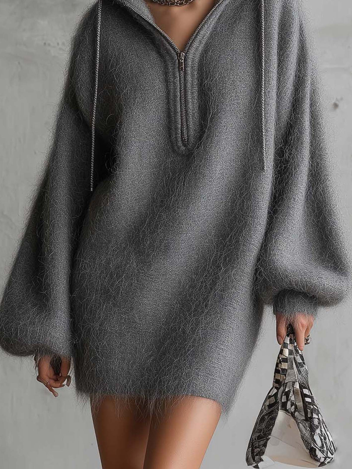 Grey Fuzzy Mohair Knit Hooded Mini Jumper Dress with Chain Zip Detail