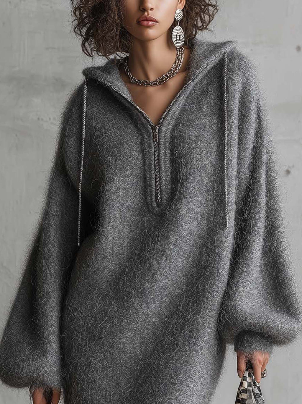 Grey Fuzzy Mohair Knit Hooded Mini Jumper Dress with Chain Zip Detail