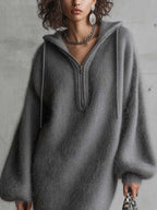 Grey Fuzzy Mohair Knit Hooded Mini Jumper Dress with Chain Zip Detail