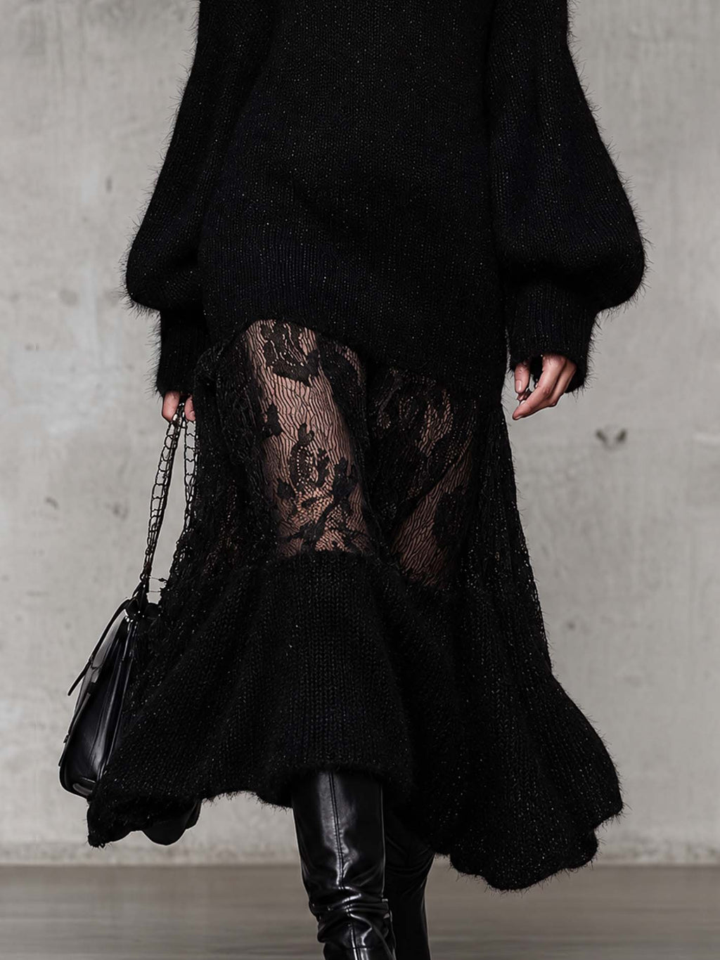 Black Shimmer Mohair Knit Maxi Dress with Sheer Lace Patchwork and Ruffled Hem