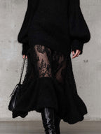 Black Shimmer Mohair Knit Maxi Dress with Sheer Lace Patchwork and Ruffled Hem