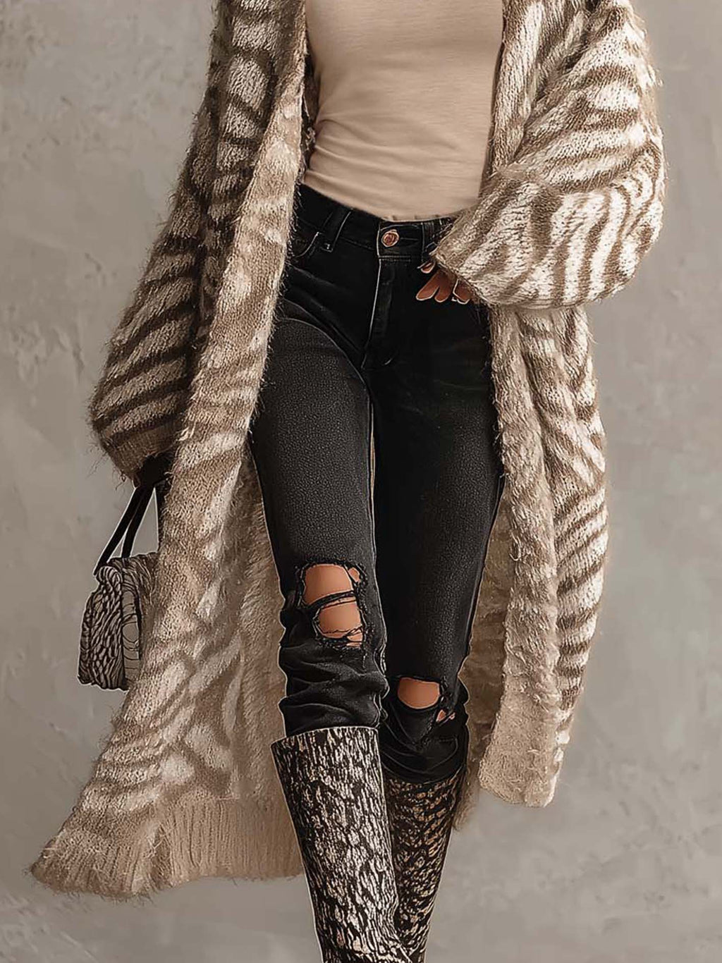 Beige Zebra Stripe Fuzzy Knit Longline Cardigan