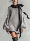 Grey Fuzzy Mohair Knit Mini Jumper Dress with Sequin Lace Trim and Black Satin Bow