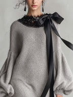 Grey Fuzzy Mohair Knit Mini Jumper Dress with Sequin Lace Trim and Black Satin Bow